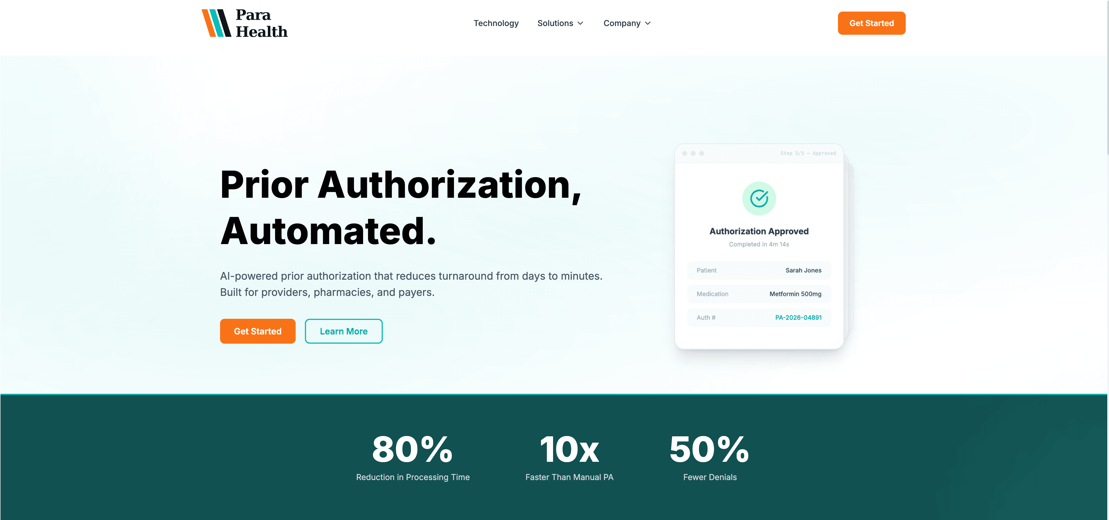 Parahealth marketing site (parahealth.ai) — AI built for prior authorization