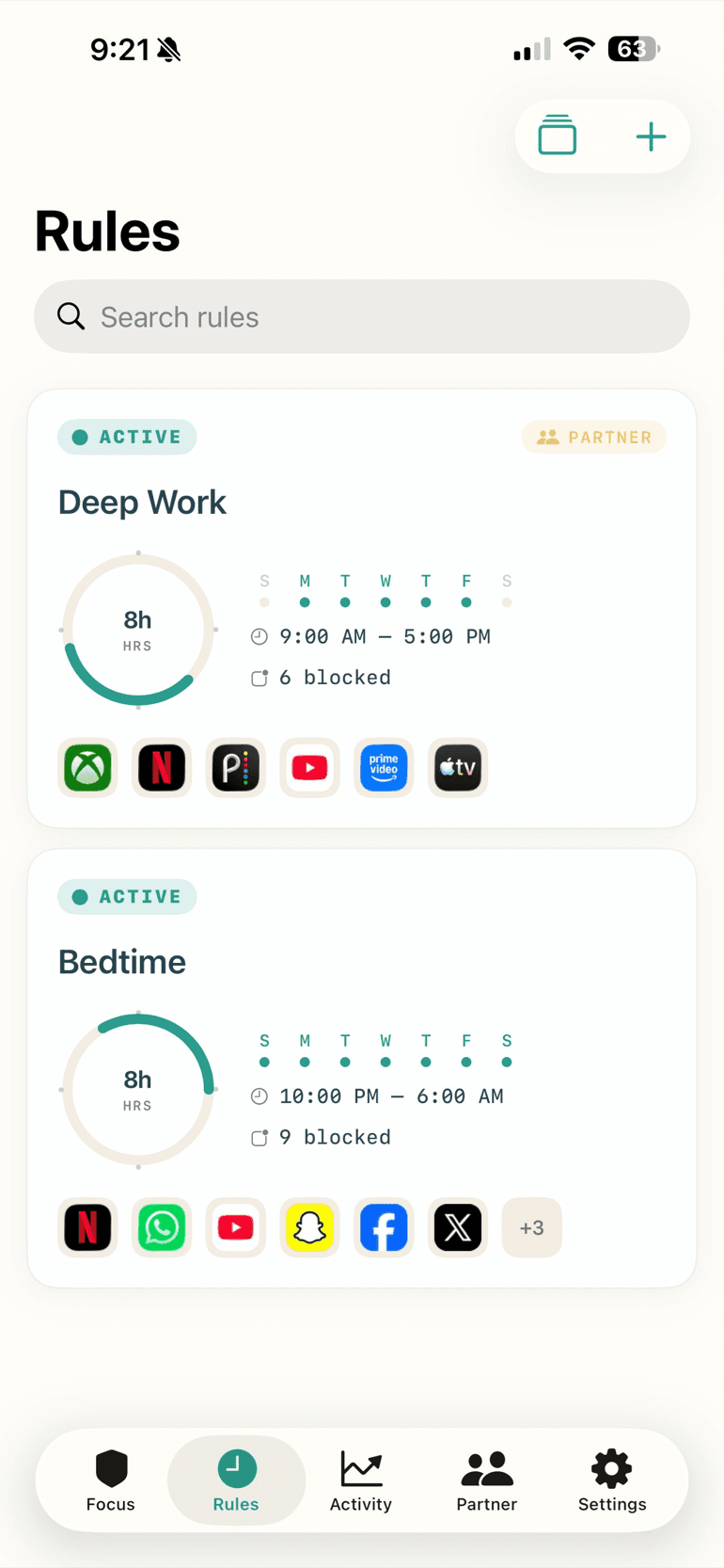 Claruss — active blocking rules (Deep Work, Bedtime) with schedules and blocked apps