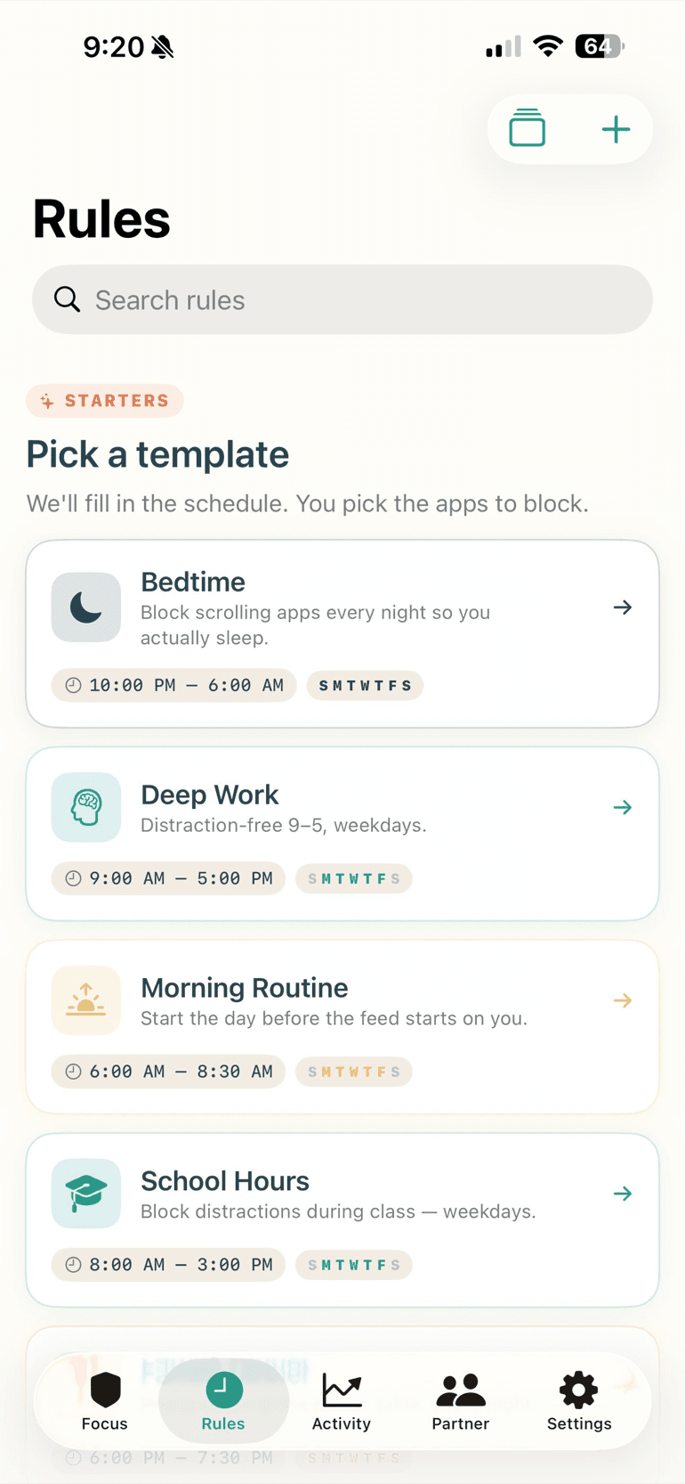 Claruss — starter rule templates: Bedtime, Deep Work, Morning Routine, School Hours