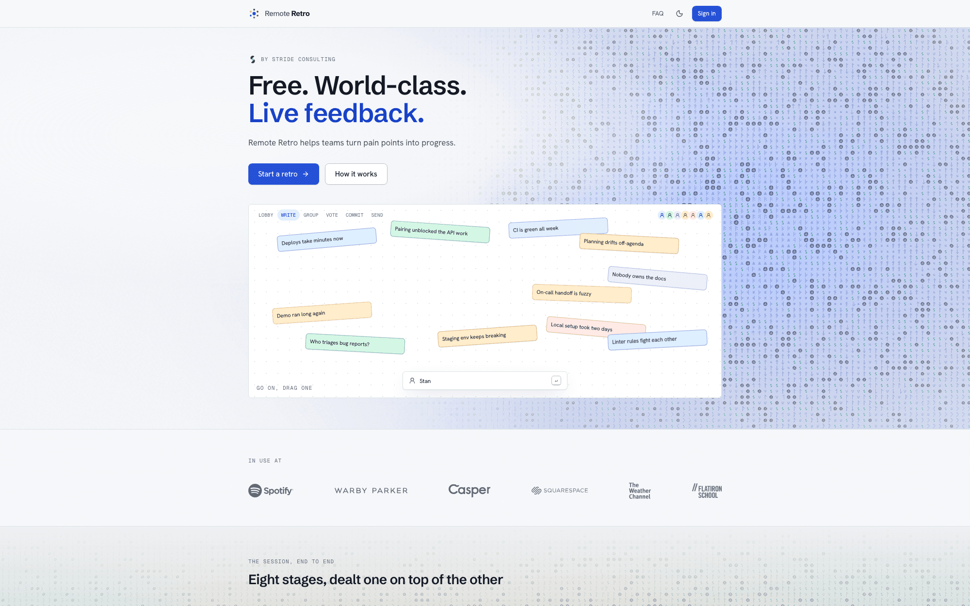 Remote Retro landing page (light): hero headline, Start a retro button, and an interactive demo board of colored sticky notes with the stage tabs Lobby / Write / Group / Vote / Commit / Send
